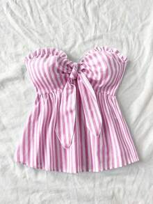 Top tubo con volantes y nudo delantero con estampado de rayas y bloques de color para vacaciones de verano en la playa de mujer - Rosa - Ver 3