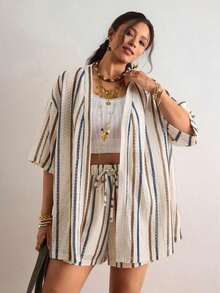 VCAY Conjunto de 2 piezas de camisa y shorts a rayas azules y blancas para mujer de talla grande, ropa de verano para vacaciones en la piscina, estilo boho chic, ropa de mujer, conjuntos para brunch, ropa para el aeropuerto, ropa para vacaciones en la playa, ropa para escapadas urbanas, ropa de vacaciones, ropa occidental para mujer, ropa occidental para mujer, conjuntos de verano europeos para vacaciones en la isla, conjuntos para luna de miel, conjuntos de estilo Old Money South Beach, conjuntos de la  de Amalfi, conjuntos de encaje, top de encaje. - Beis - Ver 6