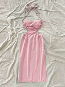 Vestido largo con espalda calada y lazo, cuello drapeado, lazo en la cintura, abertura alta, adecuado para vacaciones, festivales de música, estilo bohemio, vacaciones, citas, té de la tarde - Rosa - Ver 4