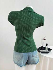 Camisa de mujer con cuello en V, cintura fruncida y manga corta, color blanco, para primavera/verano - Verde Oscuro - Ver 2