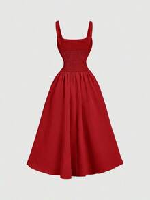 Vestido elegante de longitud media sin mangas con diseño de cintura plisada y unicolor para mujer - Rojo - Ver 6