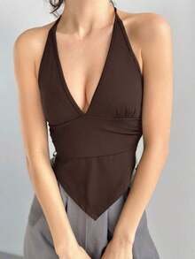 Top corto con escote en V profundo, cuello de halter, tirantes con lazo y espalda descubierta para mujer - Café integral - Ver 5