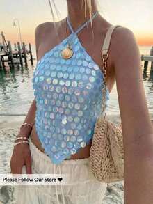 Top halter con espalda descubierta y lentejuelas sexy para mujer, atuendos de verano, ropa de verano, atuendos de playa para mujer, atuendos de vacaciones, atuendos bohemios tropicales de vacaciones para mujer, atuendos de concierto, atuendos de ra - Celeste - Ver 7