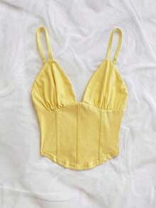 Camiseta sin mangas de punto rojo con escote en V y espalda cruzada, adecuada para citas, estilo bohemio, vacaciones, otoño, ropa de mujer, vintage, días festivos - Amarillo - Ver 4