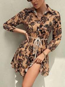 GENKIRA Vestido camisero con estampado todo sobre y cinturón, atuendos de trabajo y vacaciones para mujer - Multicolor 2 - Ver 3