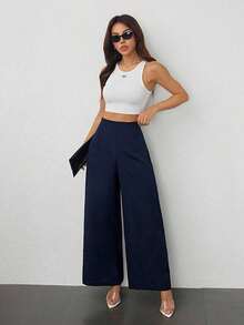 Pantalones anchos de cintura alta con textura, moda casual sencilla para la temporada de vuelta al colegio, estilo de dinero viejo para ir y venir - Azul marino - Ver 7