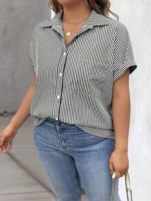 Vionelle Blusa casual de talla grande para mujer con estampado de rayas azul y blanco, de manga corta y abotonada, para el verano - Negro - Ver 6