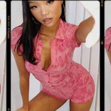 Women Casual Turn-Down Collar Playsuit, Short Sleeve Letters Pattern Buttons Open Front One-Piece - Hot Pink - View 1