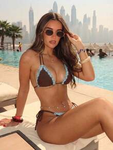 Conjunto de bikini con estampado de teñido anudado para mujer, traje de baño de mujer con decoración de concha iridiscente sexy para fiestas y festivales de música, atuendo de playa de vacaciones para mujer - Marrón - Ver 9