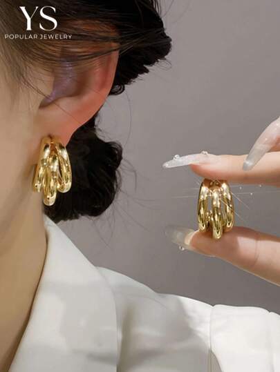 1 par de pendientes de aro dorados, pendientes de tubo metálico grueso, estilo clásico europeo y americano elegante, adecuados para atuendos de moda, vacaciones en la playa de mujeres, regalo de joyería para el Día de la Madre