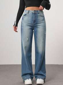 Pantalones rectos de mezclilla azul medio lavados con roturas, cintura media, holgados y con caída elegante - Lavado ligero - Ver 2