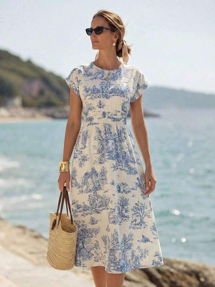 casual de mujer con cuello redondo y mangas tipo murciélago con estampado total - Azul y blanco 3 - Ver 1