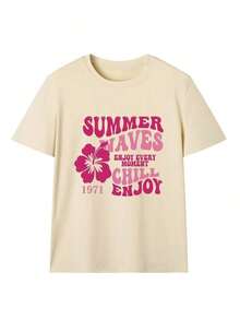 Set de 3 camisetas de manga corta con cuello redondo y estampado floral minimalista y elegante de verano, versátil para uso diario y casual para mujeres en color rosa - Azul marino, albaricoque y rosa - Ver 9