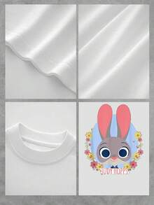 Conejo adorable con orejas rosadas rodeado de flores de colores que transmiten alegría y energía positiva inspirando ternura y optimismo camiseta de mujer de estilo casual cómoda perfecta para uso diario - Blanco - Ver 4