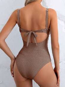 Traje de baño de una pieza sexy para mujer con rayas, encaje cruzado en la espalda - Multicolor - Ver 2