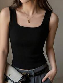 Women Plus Size Spring And Summer Ribbed Hair Big U United States Back Vest For Women Slim Solid Color Inside Wear A Base Shirt Sports Yoga Plus Tank Shirt - Black - View 5