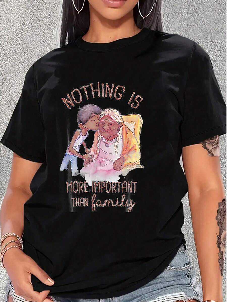 Nada es más valioso que la familia, imagen que simboliza amor y unión generacional transmitiendo calidez y respeto entre personas queridas camiseta de mujer cómoda y suave para uso diario - Negro - Ver 1