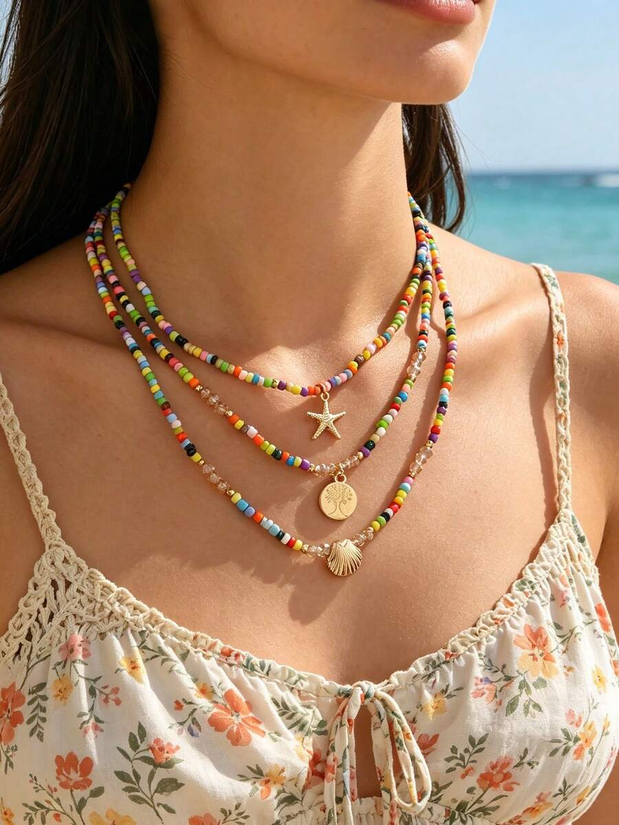 Bộ 3 món dây chuyền nhiều lớp đính hạt hình sao biển và vỏ sò bằng hợp kim kẽm phong cách Bohemian mùa hè, thích hợp cho phụ nữ đi biển và du lịch. - Nhiều màu - Xem 1