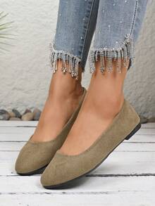 Women's Suede Flat Shoes, Solid Color Pointed Toe Low Heel Slip-On Boat Shoes, Candy Color Round Toe Cloth Shoes, Versatile Flat Shoes - Khaki - View 7