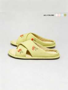 1 Pair Soft & Healing Cherry Embroidery Cross Linen Slippers, Milky White Base With Delicate Cherry Embroidery, Gentle And Youthful, Comfortable Choice For Spring/Summer Home, Bedroom Or Living Room, Girly, Home Essential, Soft Girl Must-Have - Cherry Slippers - View 6