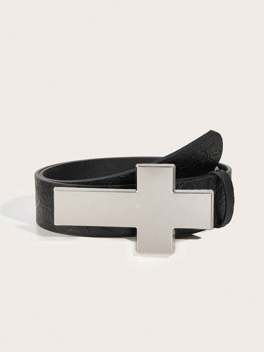 1pc Vintage Alloy Buckle Printed PU Leather Belt, Suitable For Western Cowgirl Style - Black - View 1