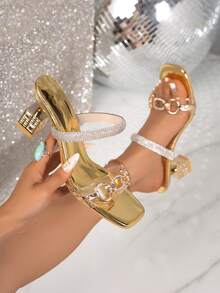 2026 New Rhinestone Slide Sandals For Women, Square Heel High Heels, Versatile Strap Sandals For Summer - Gold - View 2