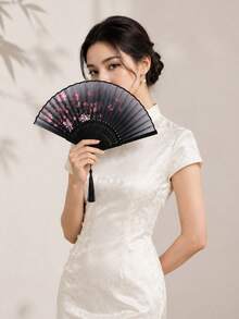 中式水墨梅花摺扇，女士小扇，夏季新款中式古風旗袍漢服道具，舞扇 - 黑色 - 查看 2