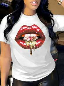 Camiseta estampada de moda casual para mujer, capa base moderna, adecuada para salidas diarias, diseño único, apta para todas las estaciones, ropa casual, camiseta de manga corta disponible en varios colores. Camiseta de mujer con estampado de labios en turquesa y dorado con diseño de aro de labios brillante - Top casual de manga corta con cuello redondo, adecuado para primavera, verano, otoño, fiestas y uso diario - Prenda de moda lavable a máquina (patrón de labios, tela elástica cómoda, estampado de labios llamativo, corte holgado, impresión digital, no transparente, adecuada para diversas ocasiones) - Perfecta para combinar con estilos únicos y para usar en capas. - Blanco - Ver 7