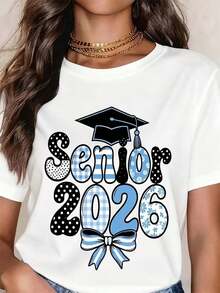 Vintage Graduation 2026 T-Shirt For Senior Students With Cap And Bow Design In Blue And Black Patterns - White - View 6