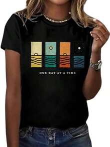 Soft 100% Cotton T-Shirt, Casual Short-Sleeved Crew Neck T-Shirt For Women, Regular Length With 'One Day At A Time' Print. Breathable Cotton T-Shirt, Goes With Everything, Great. - 黑色 - 查看 2
