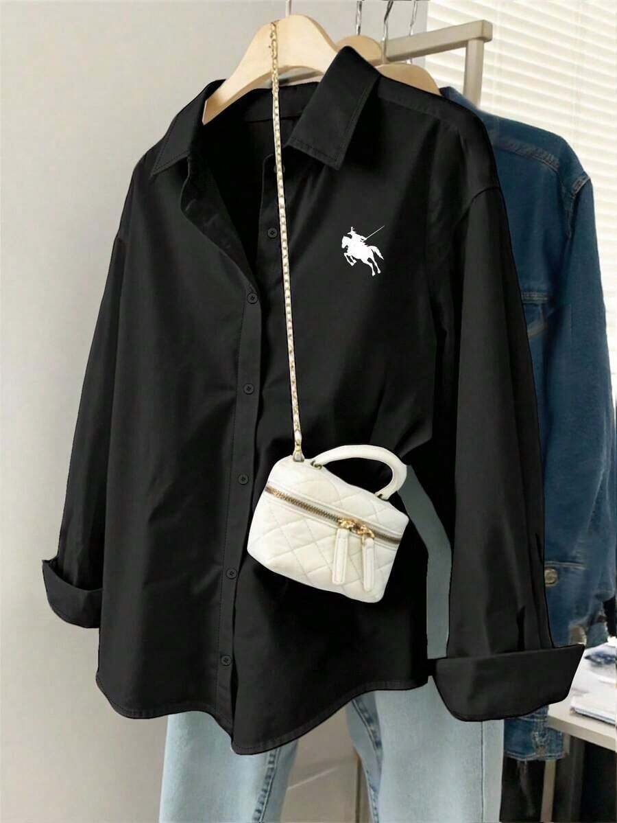Camisa de manga larga holgada con estampado minimalista para mujer - Negro - Ver 1