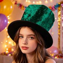 Velvet Vintage Dramatic All Seasons Top Hat, Distressed Texture, Relaxed Fit, Perfect For Themed Party, Halloween Cosplay, Stage Performance - Green - View 2