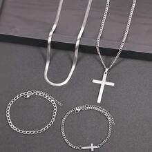 Set Gelang & Kalung Salib Stainless Steel 4 Buah, Gaya Minimalis dan Modis, Cocok untuk Pemakaian Sehari-hari, Hadiah - Set Salib Perak 4 Buah - View 2