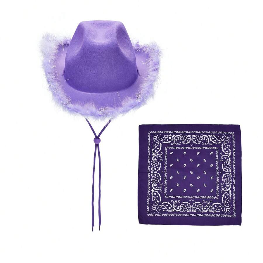 Adjustable Chin Strap Cowboy Hats Cowgirl Hat With Scarf For Women Girls Cowboy Costume Theme Party - 紫色毛邊和方巾 - 查看 1