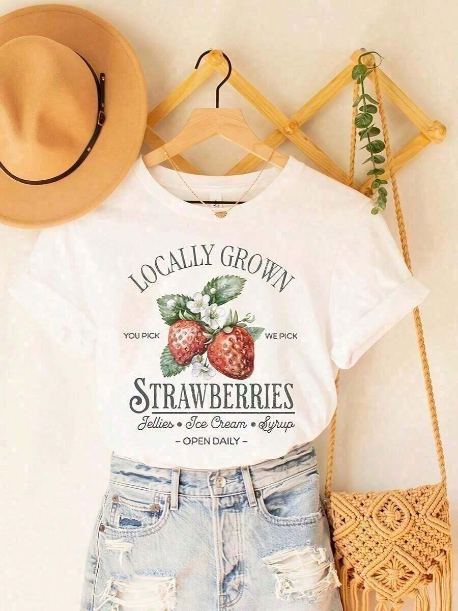 Camiseta con estampado "Fresa Cultivada Localmente" - Estilo vintage casual, cuello redondo, manga corta, lavable a máquina, moda casual, estilo casual para mujer. Camiseta de manga corta / tee de manga corta. 100% algodón. - Blanco - Ver 1