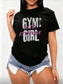 Playera Fitness para Mujer - Diseño "Gym Girl with Attitude" en Tonos Blanco y Rosa - Negro - Ver 2
