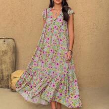 Plus Size Bohemian Floral Maxi Dress, Suitable For Summer Parties, Beach Vacations, Music Festivals, Hawaii Tropical Holidays And Other Occasions - Rosa vieja - Ver 4
