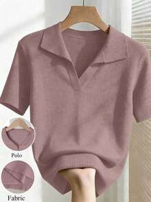 New 2026 Collection: Women's Solid Color Fitted Knit Blouse, Spring/Summer, White, Simple, Casual, With Roll Neck And Raglan Short Sleeves. Solid Color Blouses, Pink Blouses, Baby Pink Blouses. - 紫色 2 - 查看 1