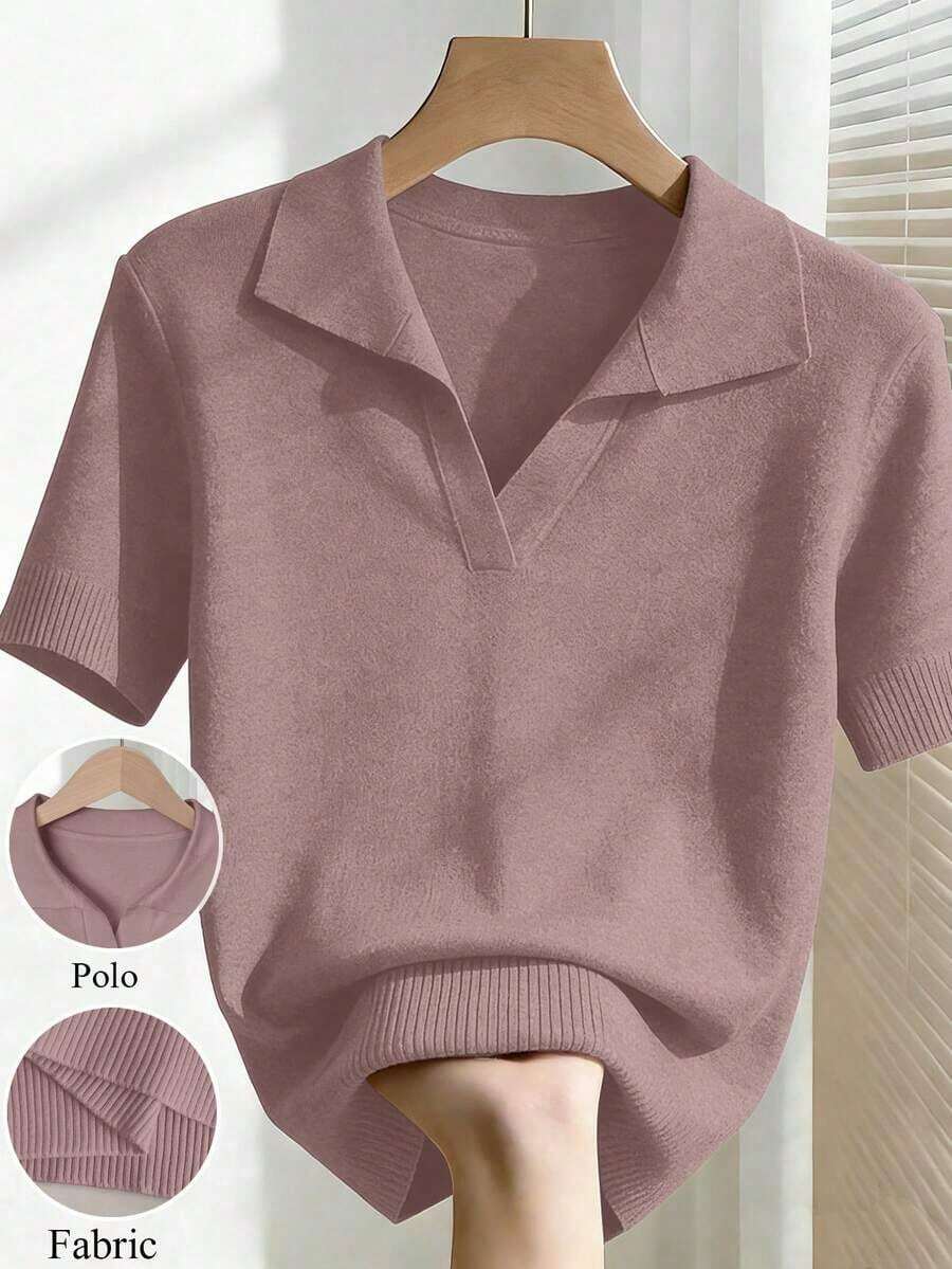 New 2026 Collection: Women's Solid Color Fitted Knit Blouse, Spring/Summer, White, Simple, Casual, With Roll Neck And Raglan Short Sleeves. Solid Color Blouses, Pink Blouses, Baby Pink Blouses. - 紫色 2 - 查看 1