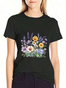 Camiseta de manga corta de gran tamaño para mujer - Estampado floral y de margaritas en blanco y lavanda, top casual de corte holgado con cuello redondo, tela nueva de 200g de peso pesado, blusa de temporada para usar con jeans y vestidos (lavable a máquina), camisetas de manga corta para mujer, blusas y tops para damas, blusas casuales para mujer, camisetas de manga corta de verano para damas, blusa para mujer, camisetas para mujer, blusa floral para mujer, ropa de flores para mujer, tops para mujer con rosas, camisetas florales para mujer, tops y camisetas gráficas para mujer, camisetas gráficas para mujer, camisetas de verano, camisetas casuales, conjuntos de vacaciones para mujer, diseño juvenil y a la moda. - Negro - Ver 2