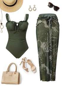 Swim Oasis Conjunto de 2 piezas de vacaciones de playa de primavera/verano con parte superior de cuello halter con adorno floral y falda de malla con estampado botánico - Multicolor - Ver 7
