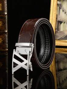 Men's PU Automatic Ratchet Buckle Belt, Crocodile Embossed Hollow Letter Buckle, Adjustable Business Casual Belt, Suitable For Men's Jeans, Suits, Formal Wear, Daily Outfits - Multicolor - View 11