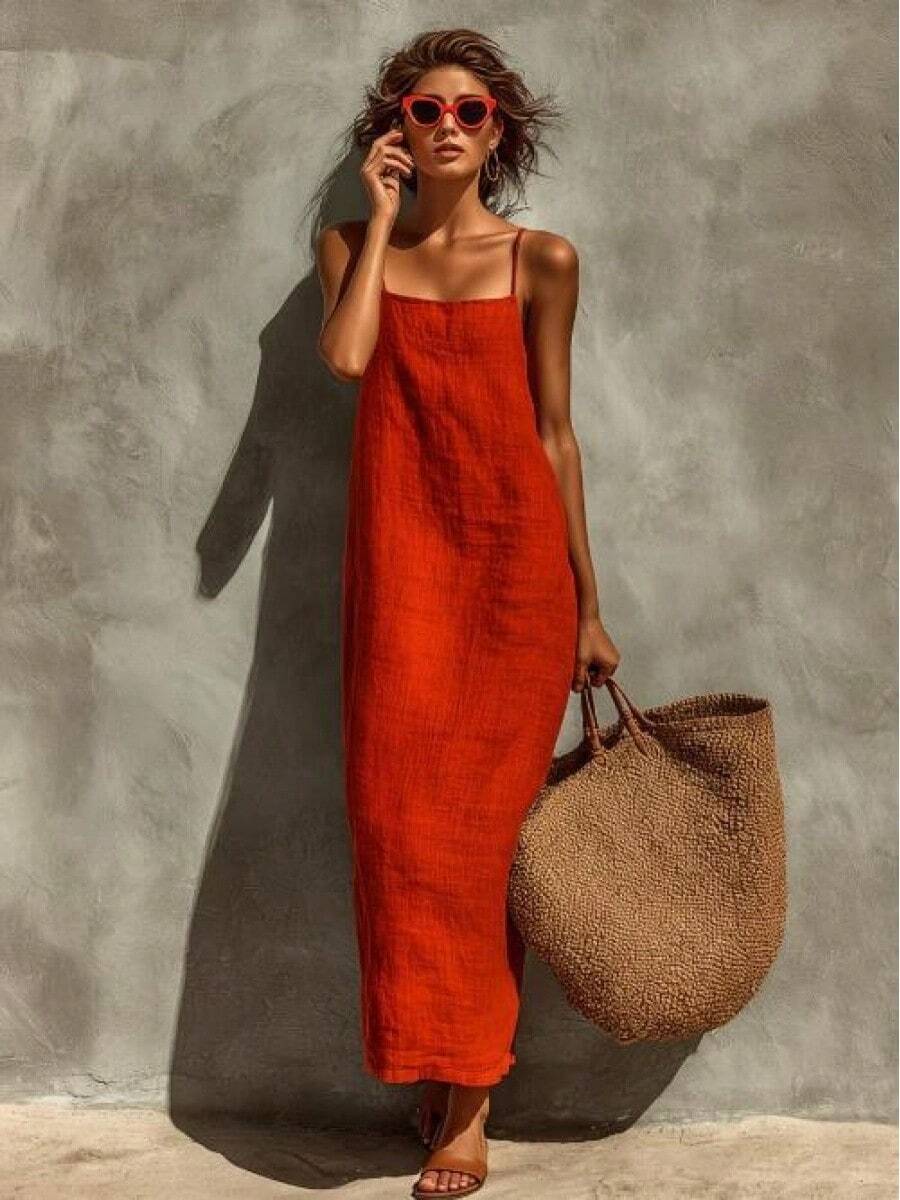 Women's Linen Blend Slip Maxi Dress, Square Neck Sleeveless Casual Dress For Beach & Vacation - 紅色 - 查看 1