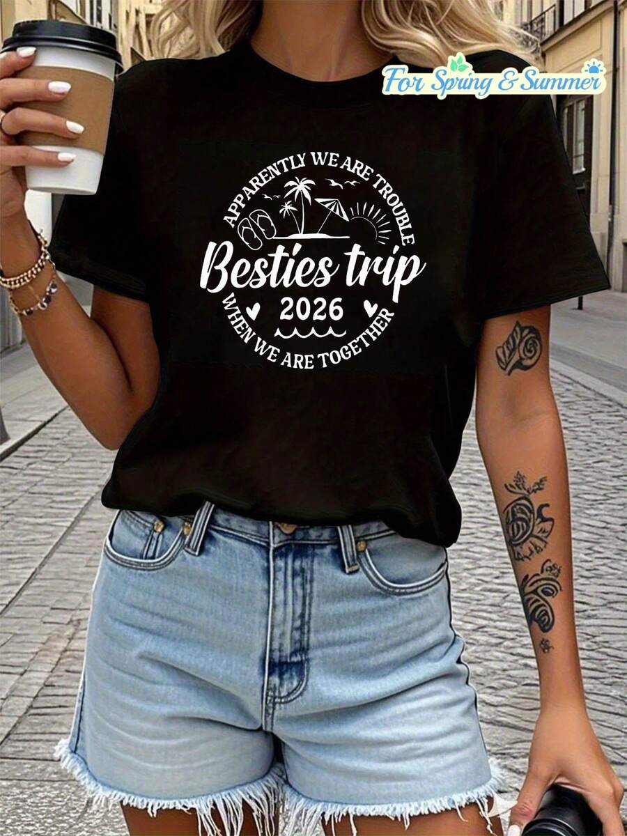 Camiseta de algodón puro para mujer, estilo vacacional con estampado de texto "Besties trip 2026", camiseta de manga corta con cuello redondo para primavera/verano, regalo informal para compras y vacaciones, adecuada para reuniones de amigos, fiestas y ropa de vacaciones. - Negro - Ver 1