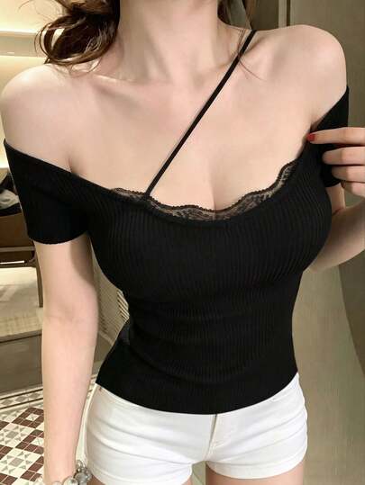 2026 Lace Patchwork Off-Shoulder Knit Top, V-Neck Ribbed Slim Fit Black Sweater, Young Lady Knitwear, Casual, Date, Party Wear, Elastic Soft Knit Fabric, Suitable For Girls & Women Aged 18-35, Slimming Summer