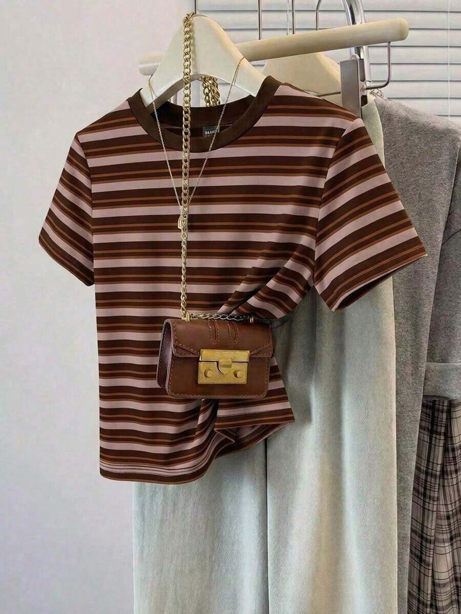 Camiseta holgada de cuello redondo y manga corta de estilo minimalista casual para mujer, con estampado de rayas, conjunto de ocio para mujer - Multicolor 7 - Ver 1