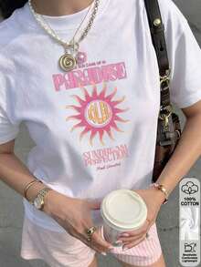 Camiseta Oversize para Mujer con Estampado de Cerezas, Cuello Redondo, Manga Corta, Diseño Casual - Blanco - Ver 1