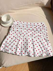 Minifalda acampanada fruncida con estampado de lunares para el verano - Multicolor 2 - Ver 4