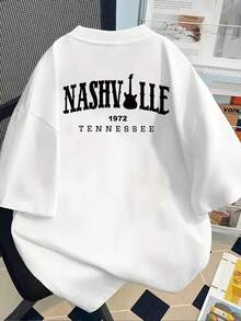 Camiseta de manga corta con diseño sencillo y versátil en la parte delantera y trasera - Estampado de moda Nashville, 1972 - Camiseta de mujer con estampado moderno para primavera/verano, un artículo de moda ideal para citas de fin de semana, reuniones y viajes. Camiseta de algodón - Blanco - Ver 3