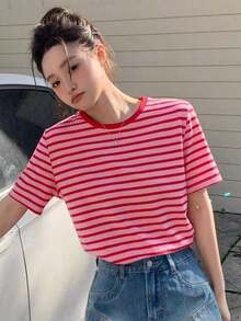 Camiseta de manga corta a rayas contrastantes, verano - Rojo - Ver 1